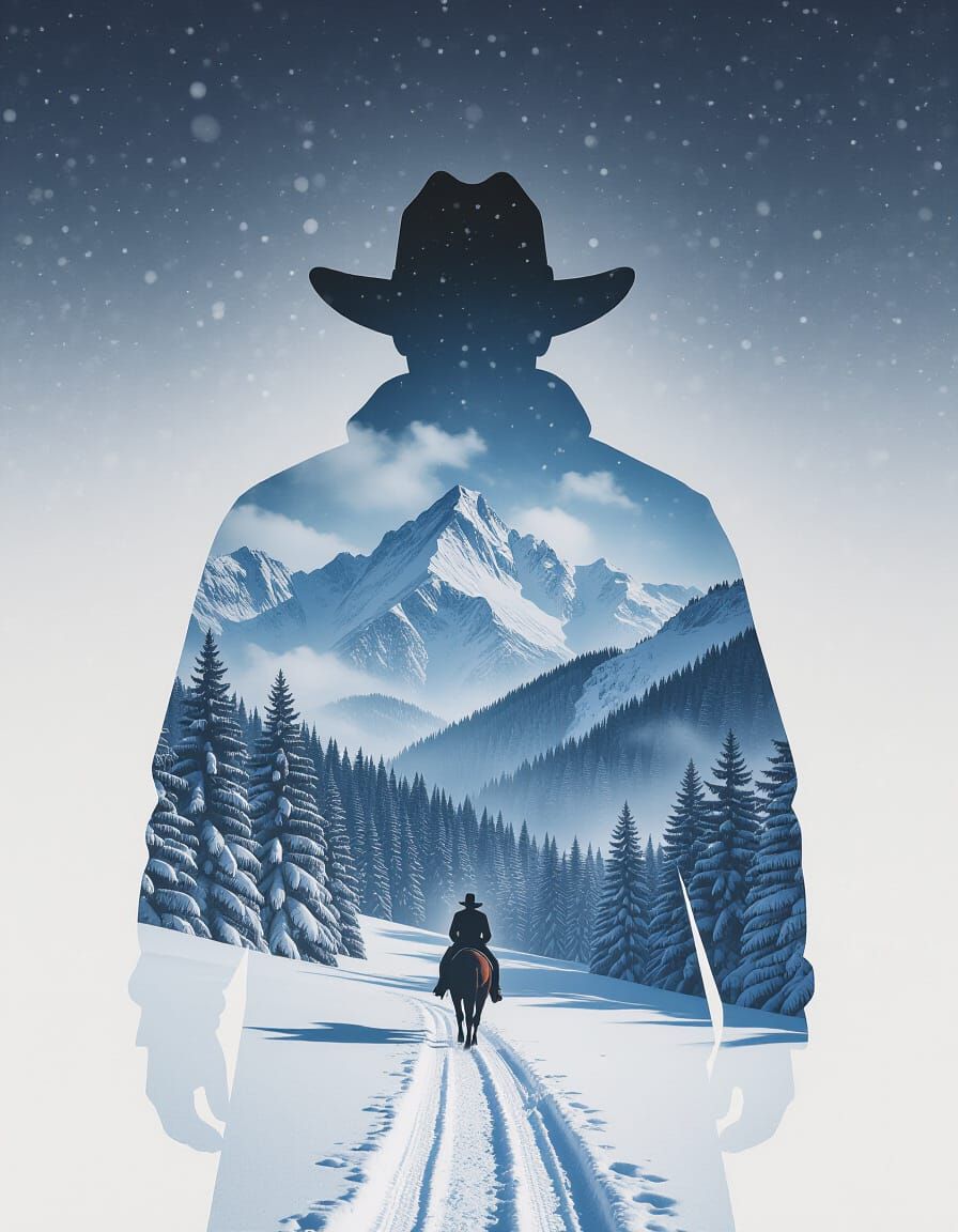 Silhouette Double Exposure with Snowy Landscape