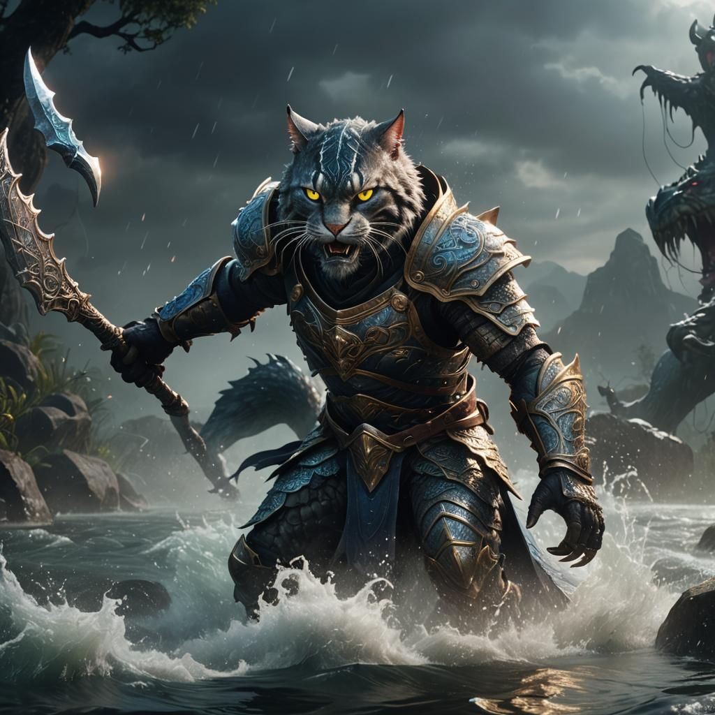Cat Warrior Battles River Monster in 3D Cinematic