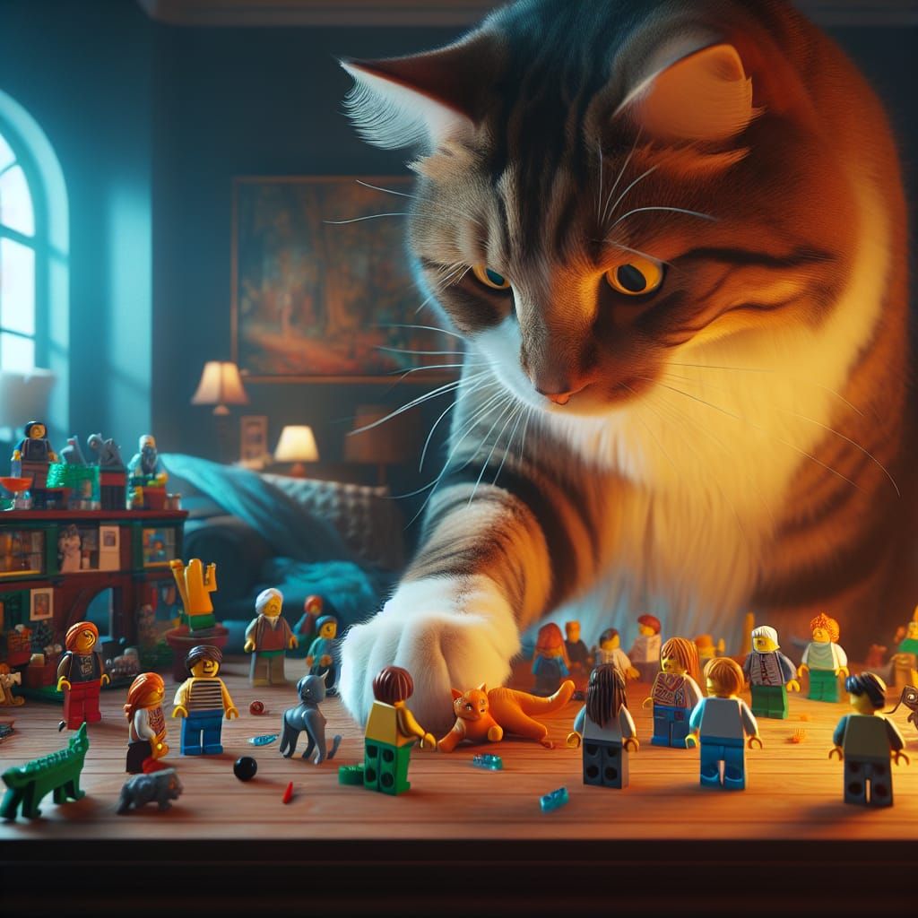 Giant Cat Plays with LEGO Family: Matte Painting