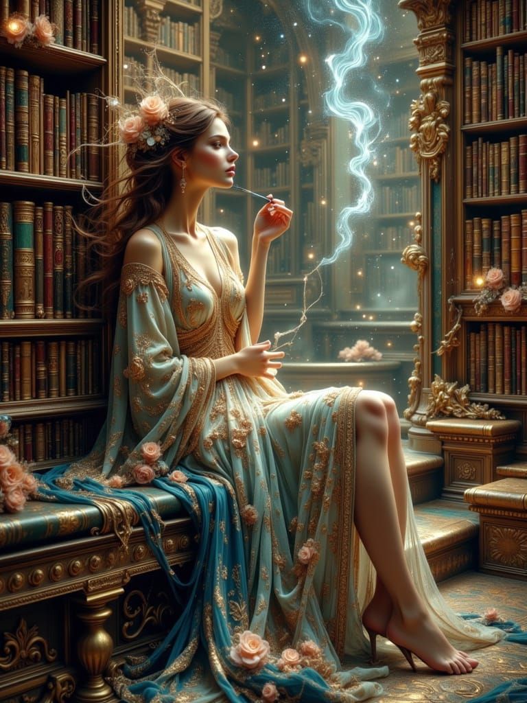 Celestial Librarian Among Cosmic Tomes in Art Nouveau Style