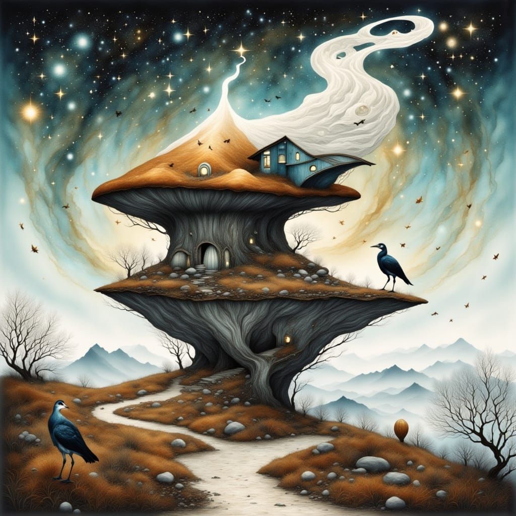 <lora:Shelly flux:1.0> <lora:Melancholia:1.0> A whimsical house, intricately designed as a giant mushroom, rests upon a ...