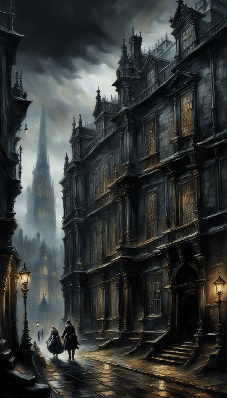 Dark and moody cottagecore Rococo oil landscape of the city ...