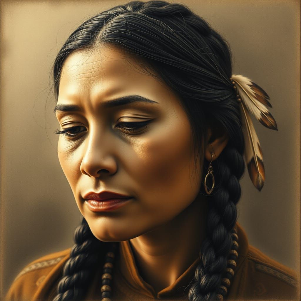 Serene Native American Woman in Charcoal Drawing