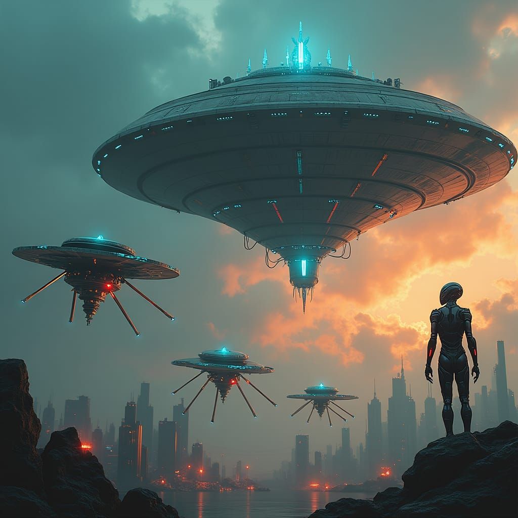 Cyberpunk Alien Invasion: Metallic Robots Descend on Earth