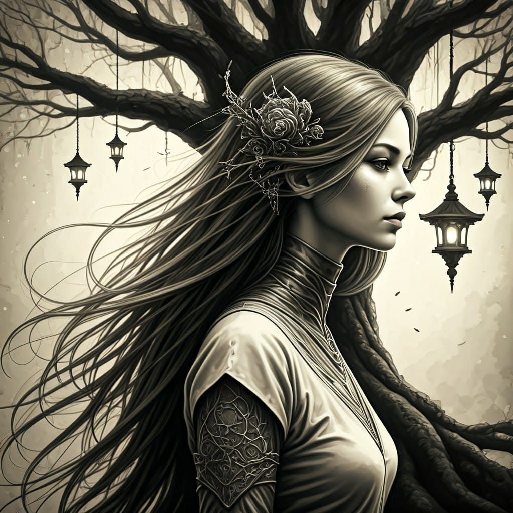 Monochrome Woman with Tangled Wire Hair Illustration