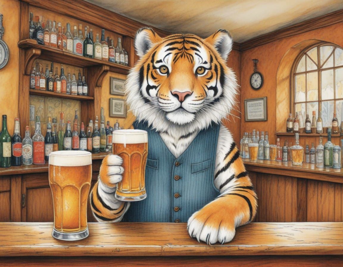 Cute Tiger Cheers in a Quaint English Pub