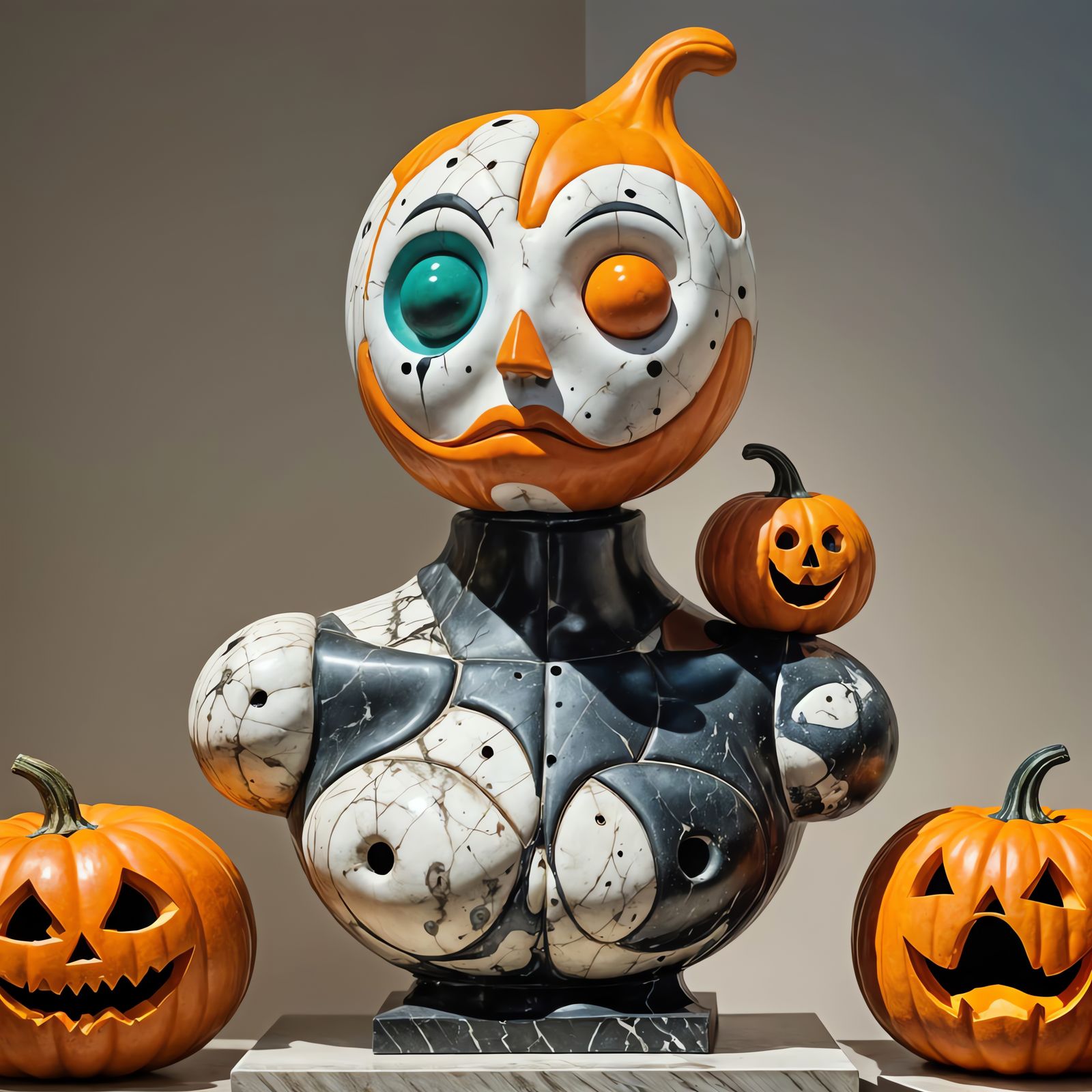 Eerie Pumpkin Bust Sculpture in Surrealist Style