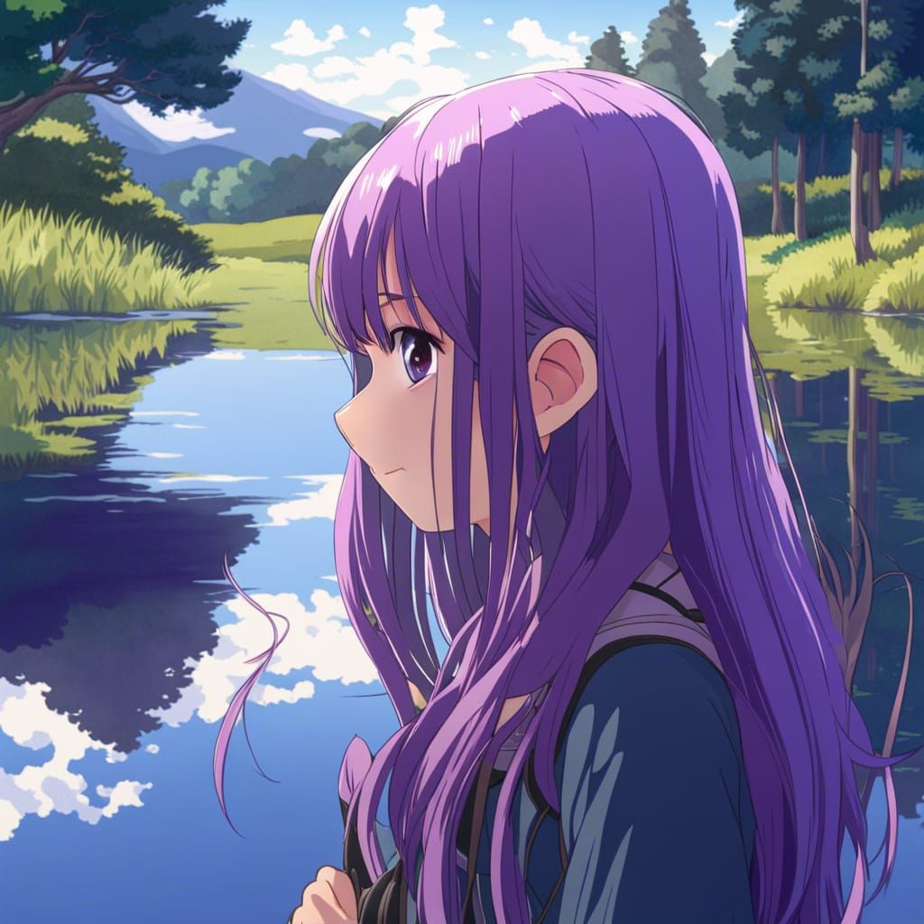 Girl and Lake Reflection in Anime Style