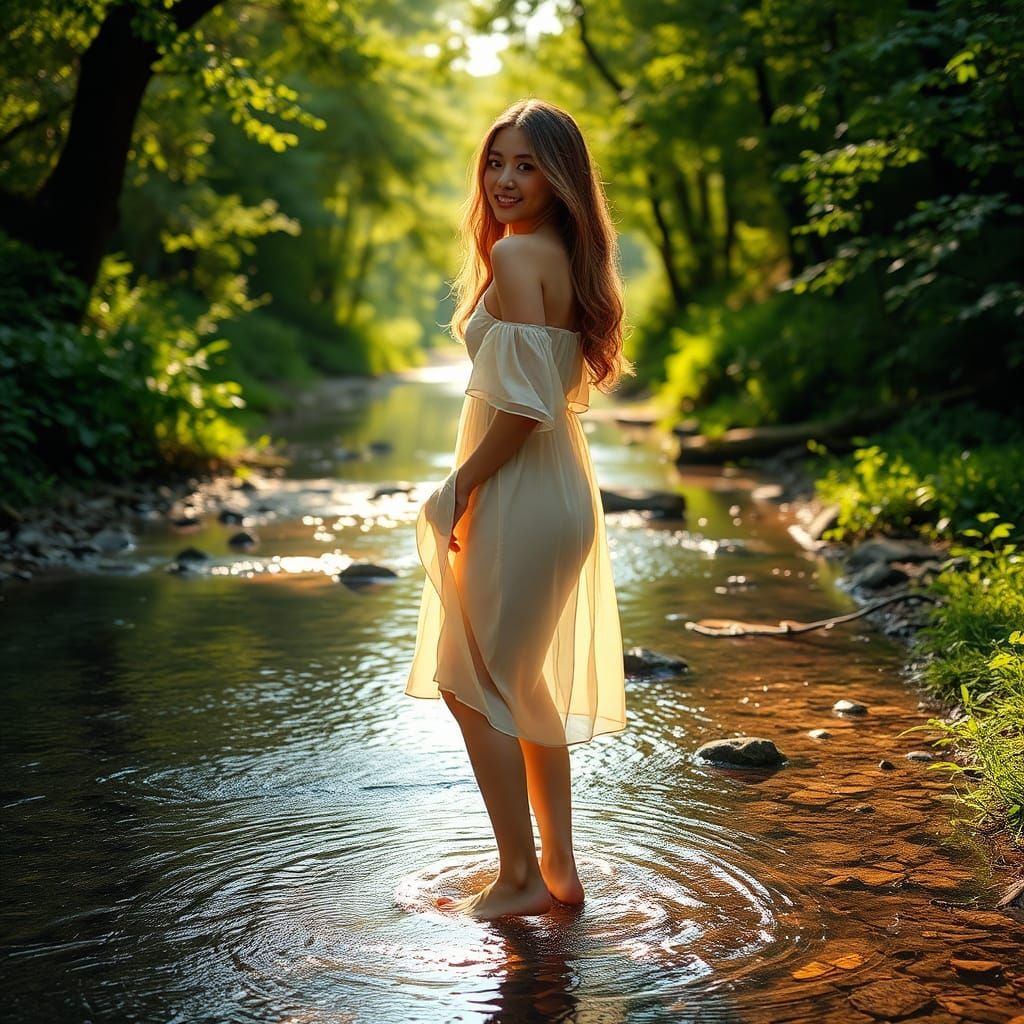 Woman in Stream: Serene Fuji Style Outdoor Scene