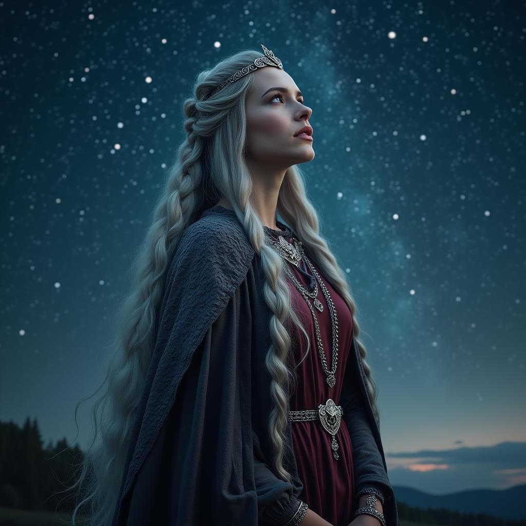 Lithuanian Goddess Bezelea Under Starry Sky, Digital Art