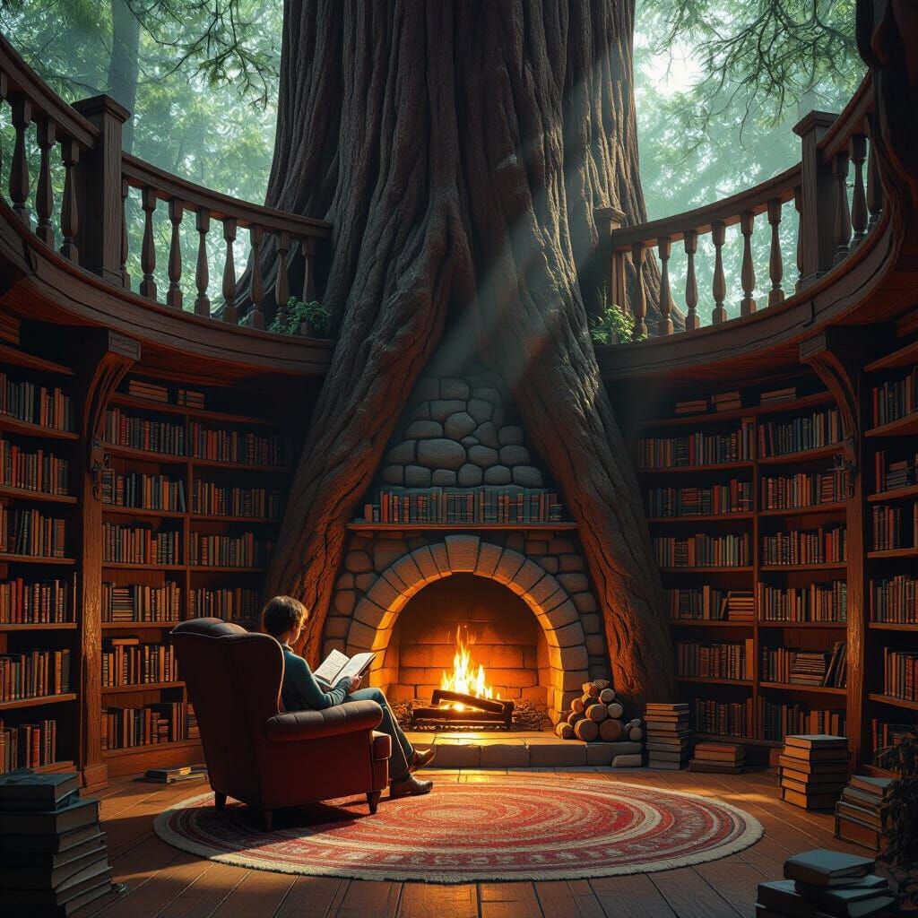 Cozy Redwood Library with Volumetric Lighting