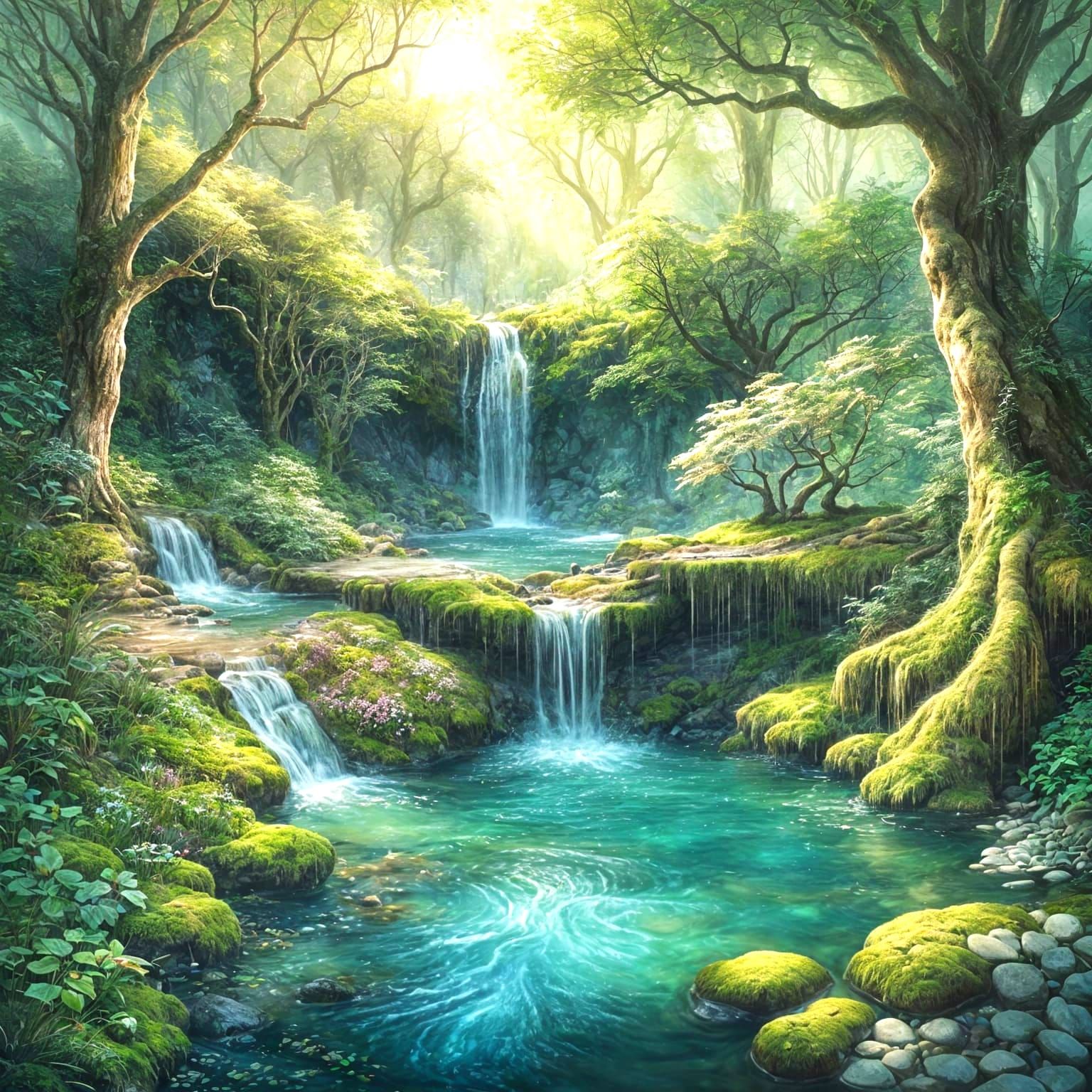 Tranquil Hidden Cove Waterfall in Pastel Colors