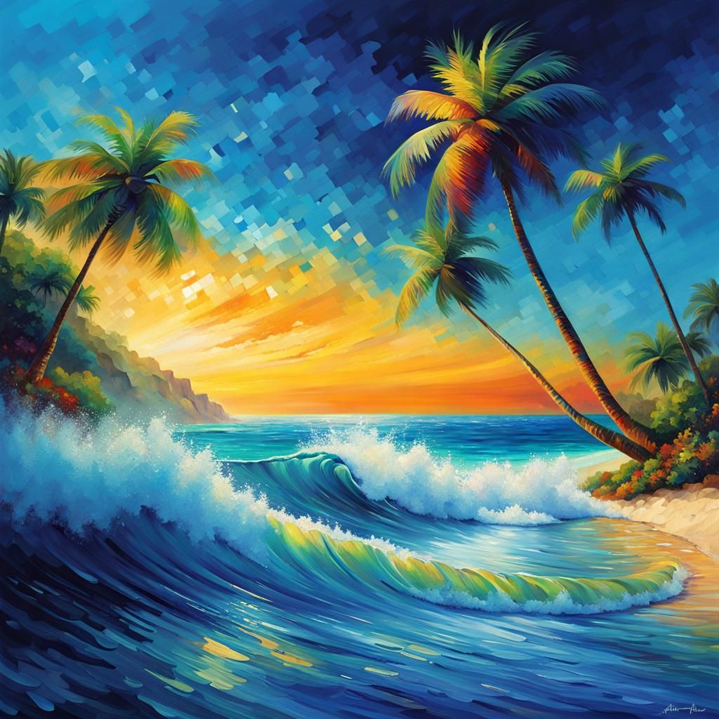 Iridescent Paradise Island Oasis in Pointillist Style