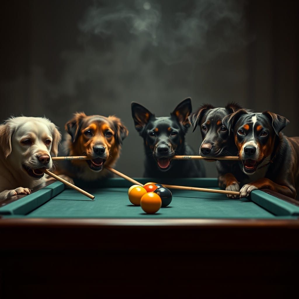 Dogs Engage in Tense Pool Game in Dramatic, Cinematic Style