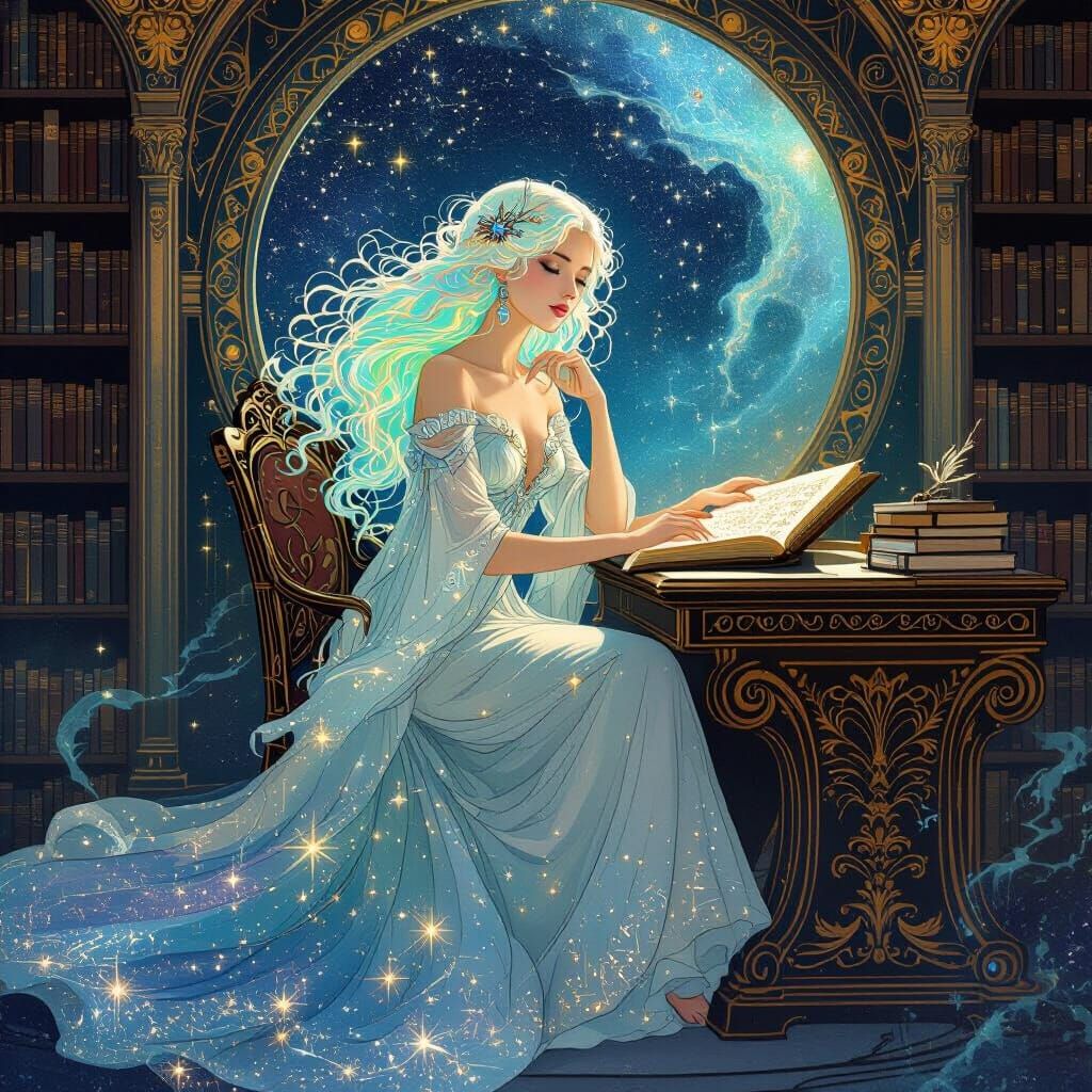 Celestial Librarian Among Nebula in Art Nouveau Style