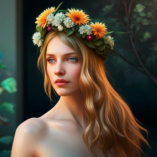 Blonde Girl Portrait with Flowers, Detailed Concept Art