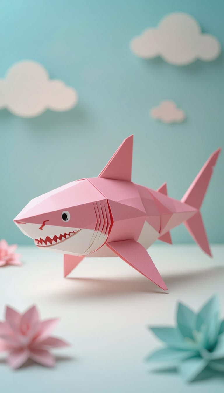 Origami Pink Shark in Pastel Colors