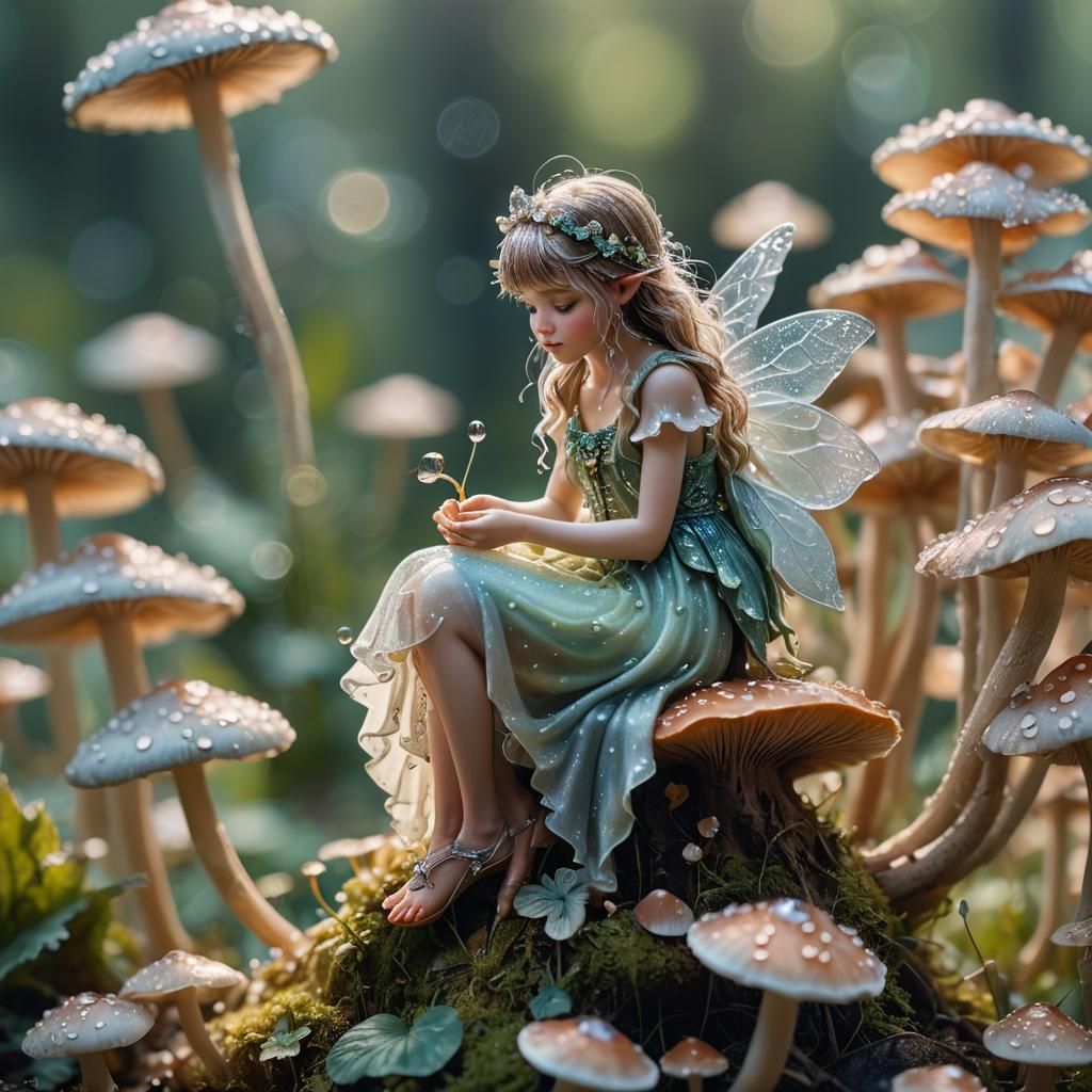 Magical Fairy on Mushroom with Dew Drops