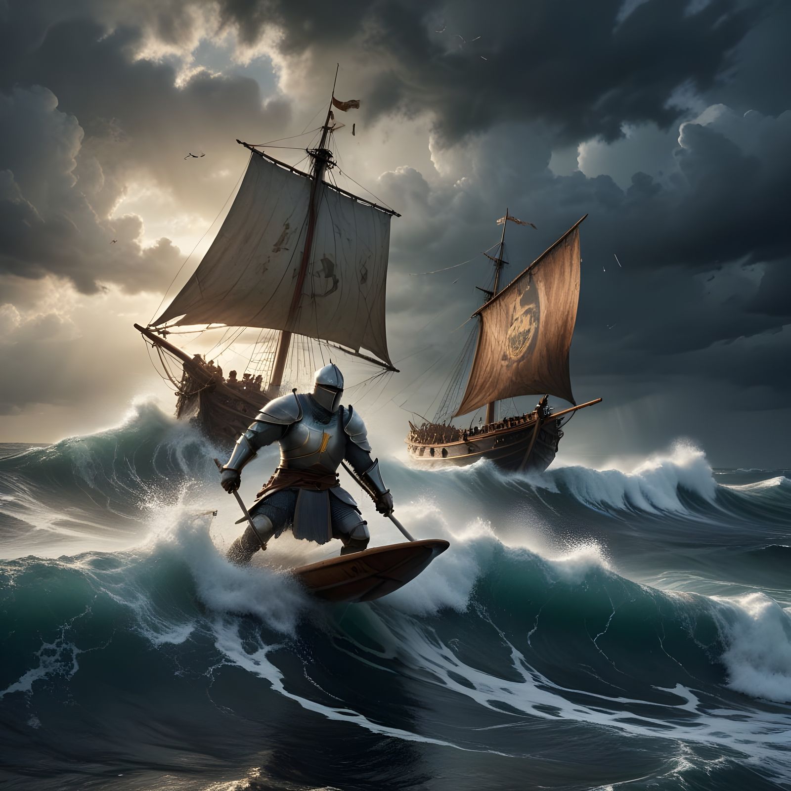 Medieval Knight Rides Ocean Waves with Shield Surfboard