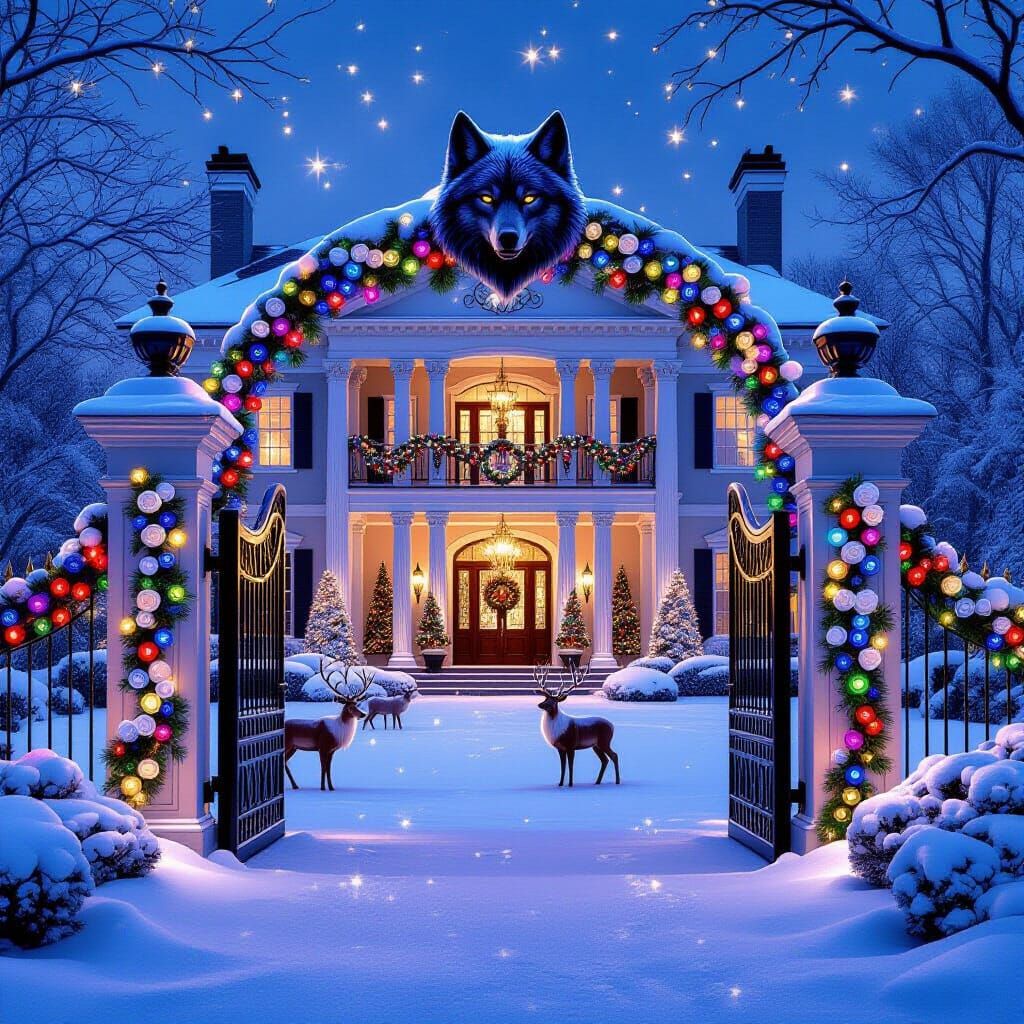 Opulent Christmas Mansion with Wolf Gate and Snow