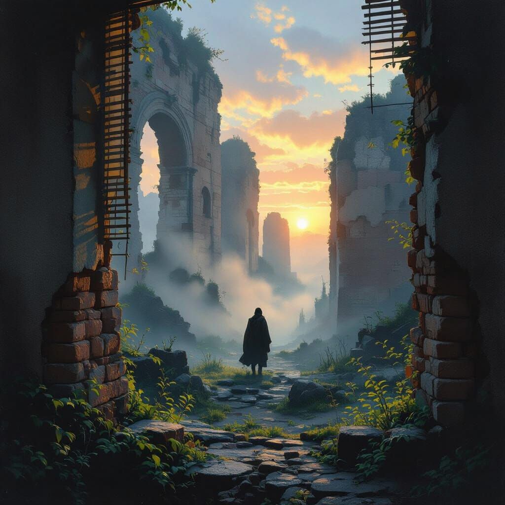Impressionist Wanderer in Ancient Ruins at Sunrise
