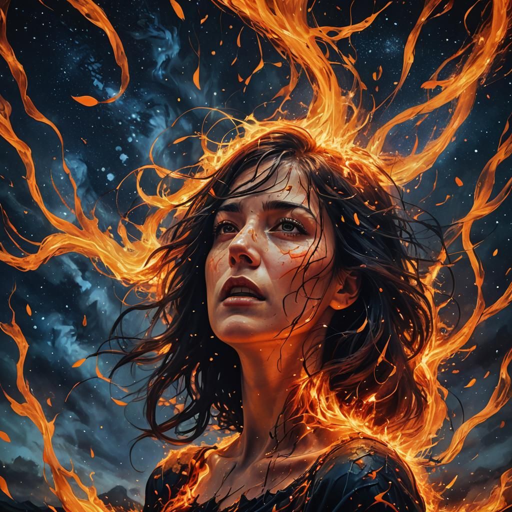 Fiery Anguish: A Surrealist Portrait in Blazing Color