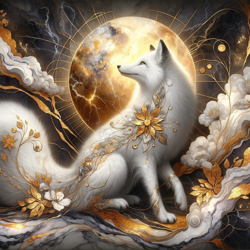 Majestic White Fox with Gold Kintsugi in Art Nouveau Style