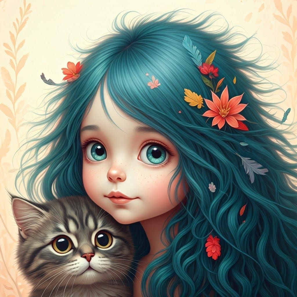 Dreamlike Portrait of Girl with Blue Hair and Cat