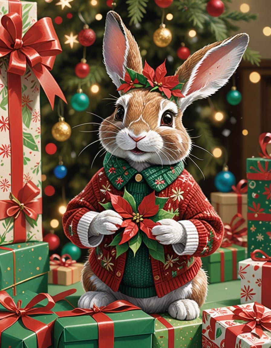Whimsical Rabbit Opens Christmas Present in Festive Wonderla...