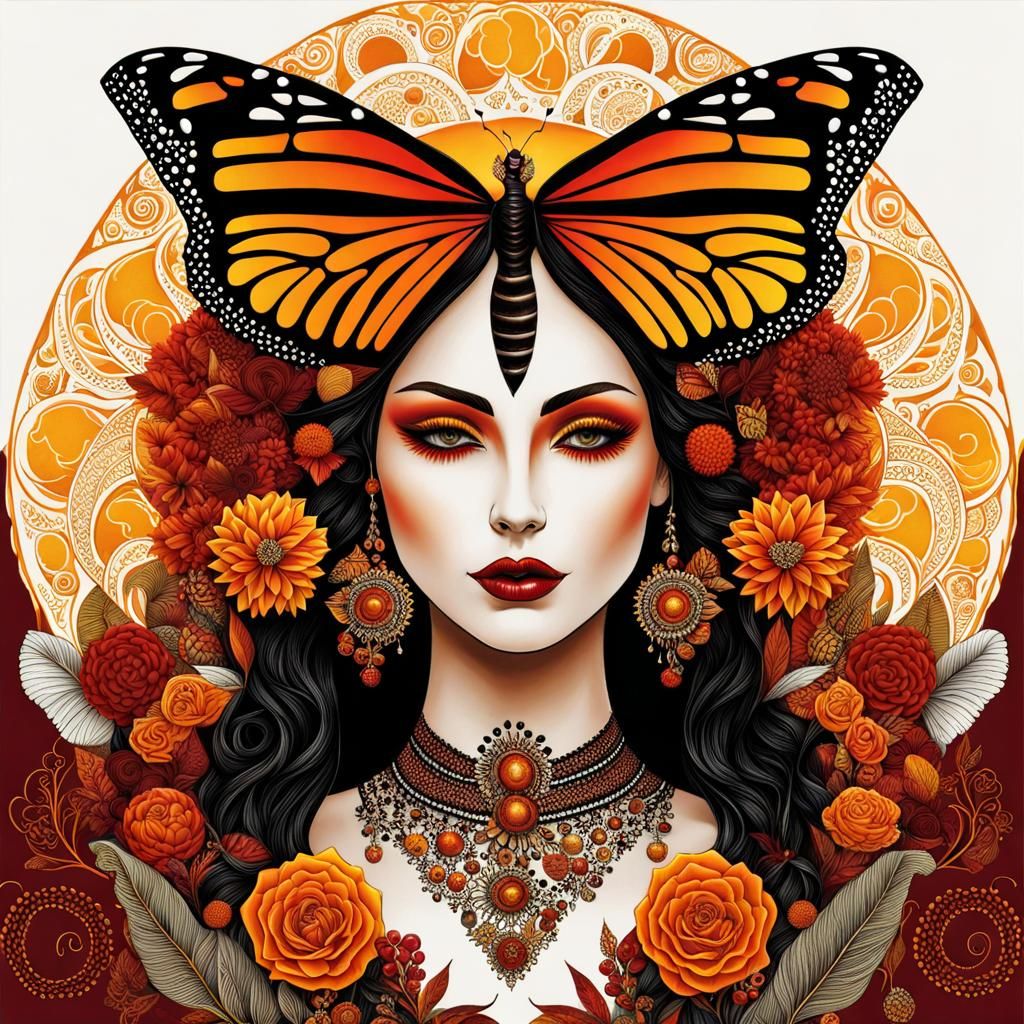 mixed media painting fall goddess with monarch butterfly wings at Dia De Los Muertos , Halloween, zentangle, beautif...