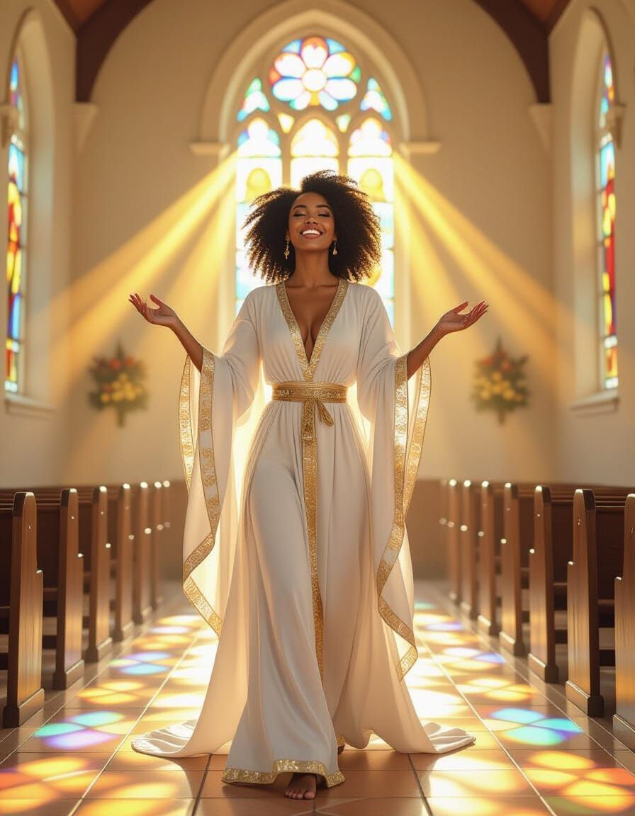 Radiant Black Woman in Sunlit Church