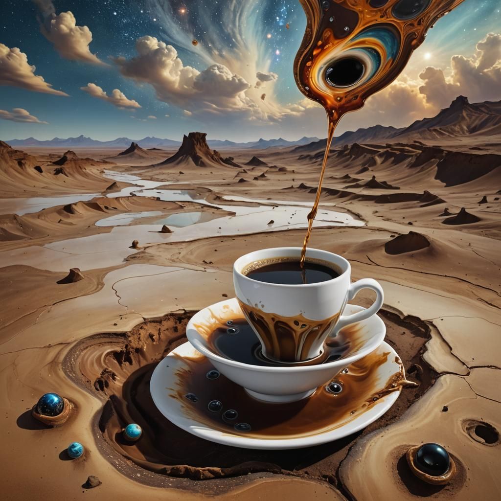 Surreal Melting Coffee Cup in Barren Dreamscape