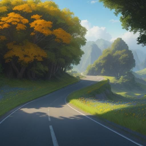 Fantastical Landscape with Rural Road and Wildflowers
