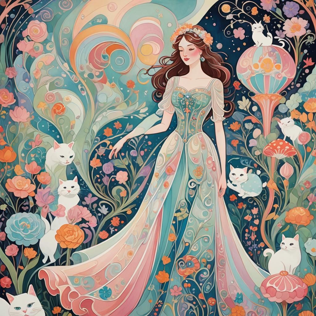 Art Nouveau Lady with Cat in Candyland