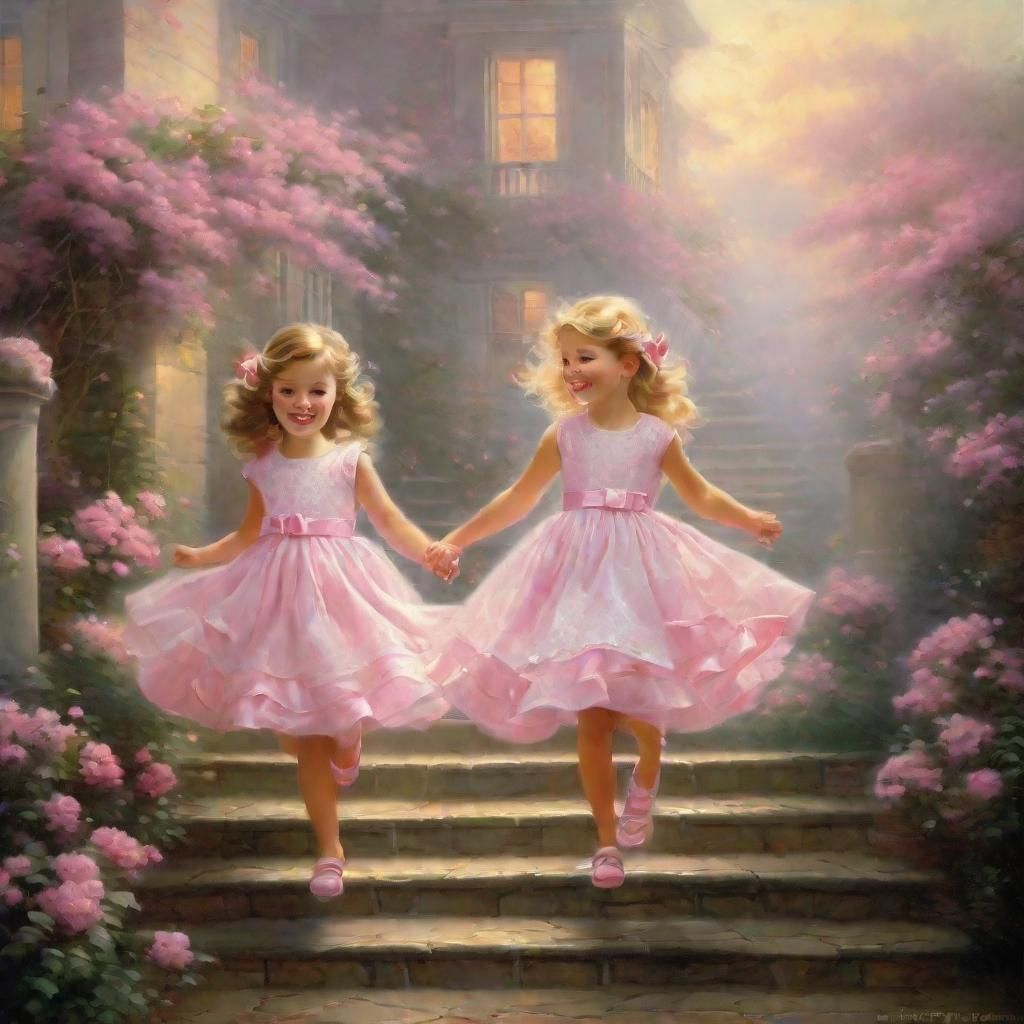 Twin Girls Jumping in Ethereal Fantasy Style