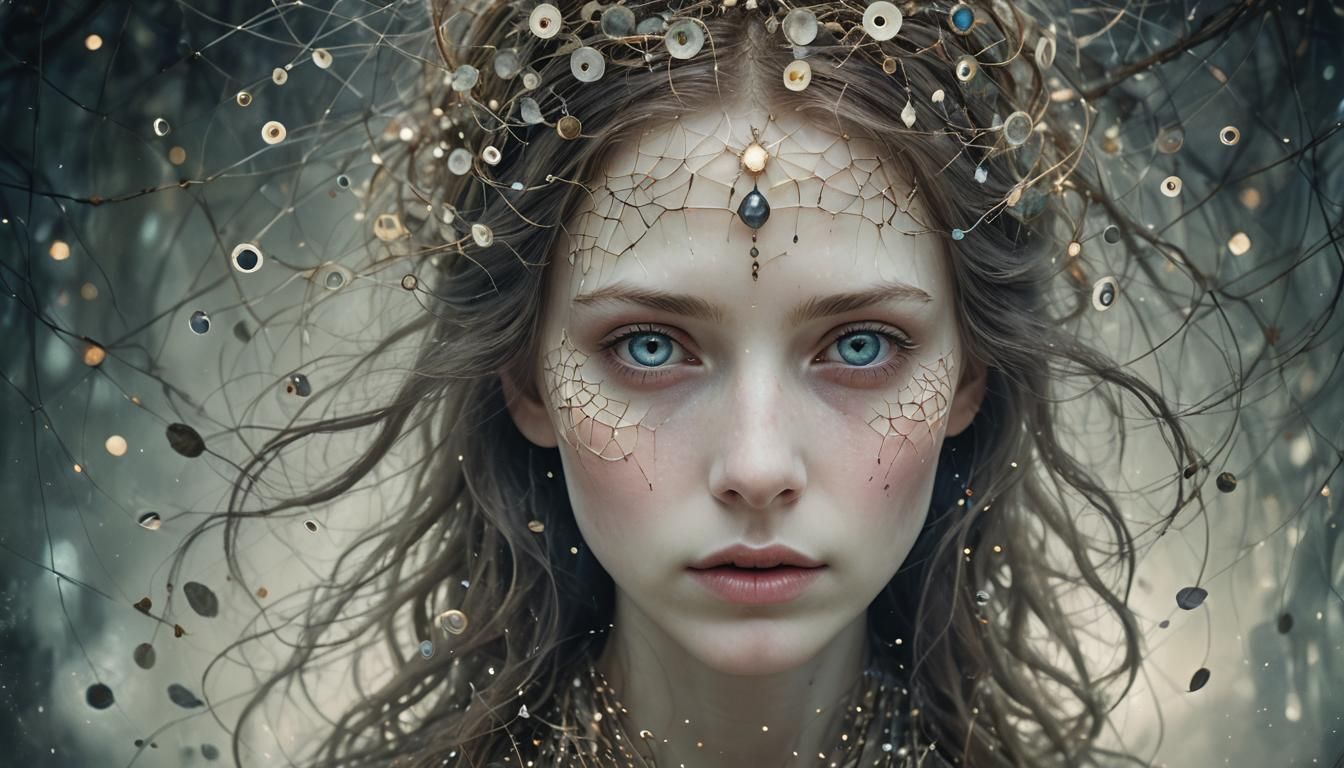 Mystical Woman Surrounded by Eyes in Macabre Surrealism