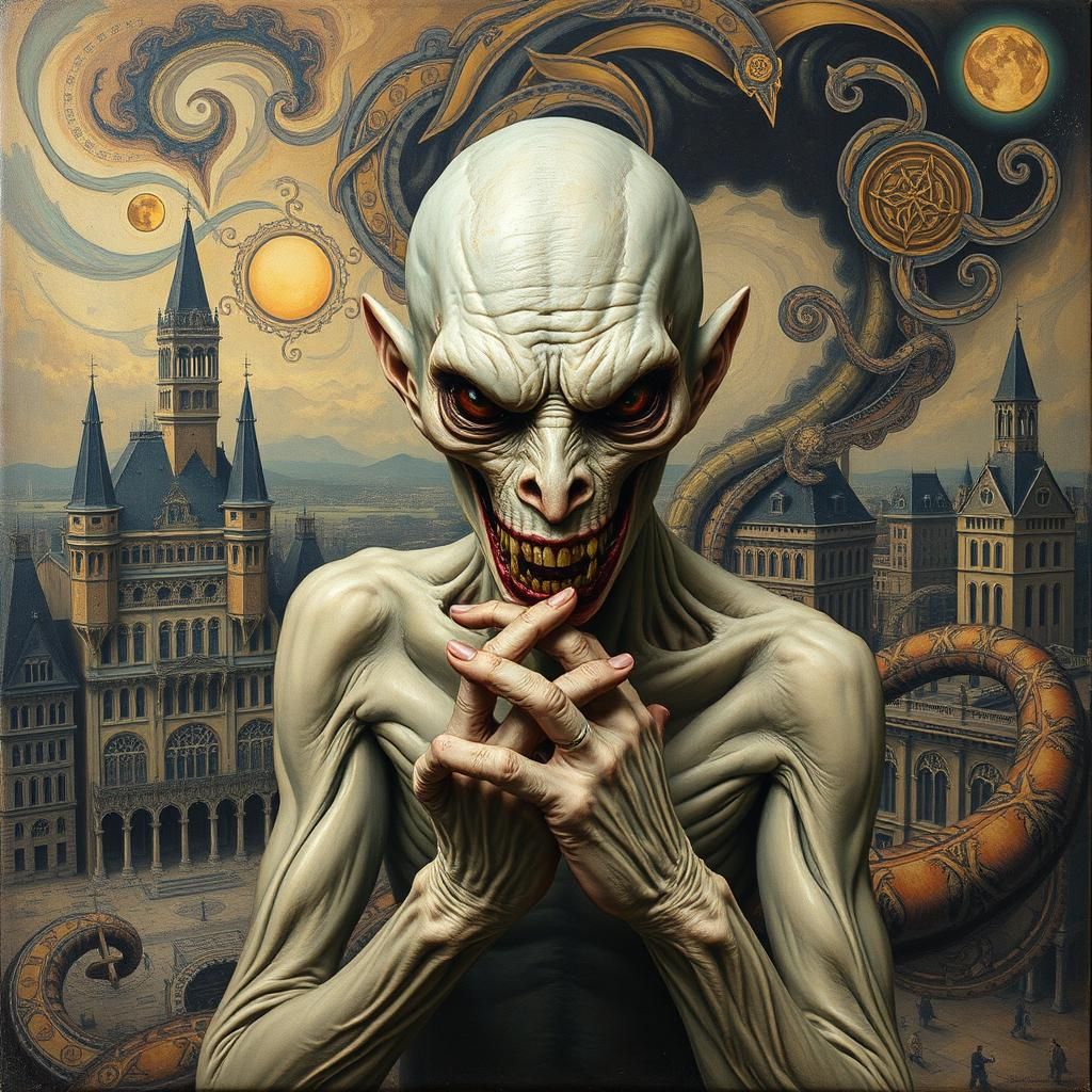 Serpentine Uriah Heep in Dystopian Cityscape