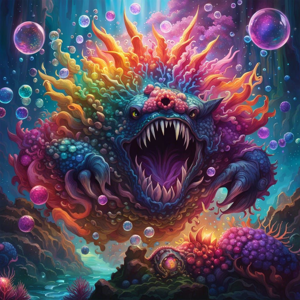 Rainbow Coral Golem Underwater with Holographic Bubbles