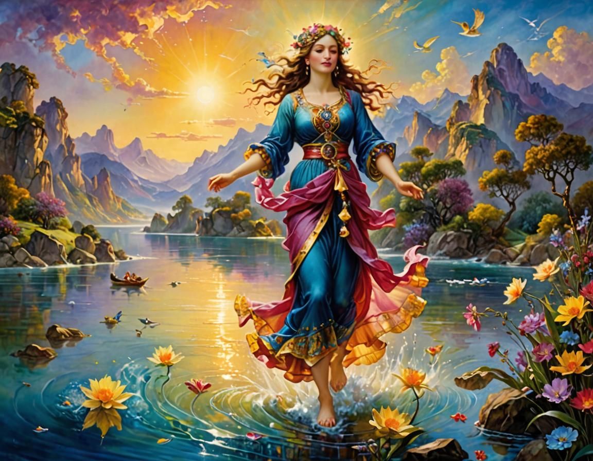 Woman Walks on Water: Romantic Style Painting