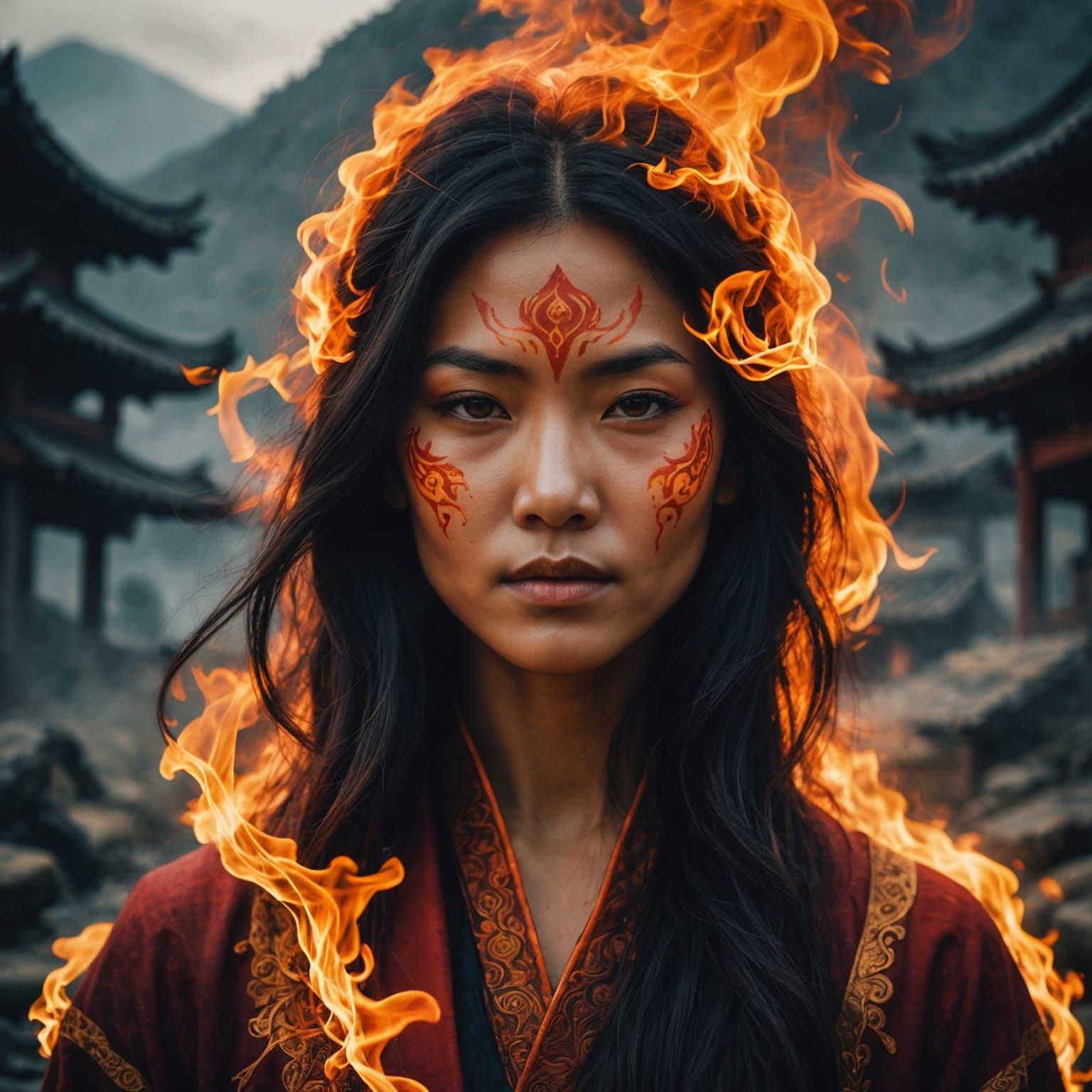 Female Fire Mage with Burning Village, Anime Style