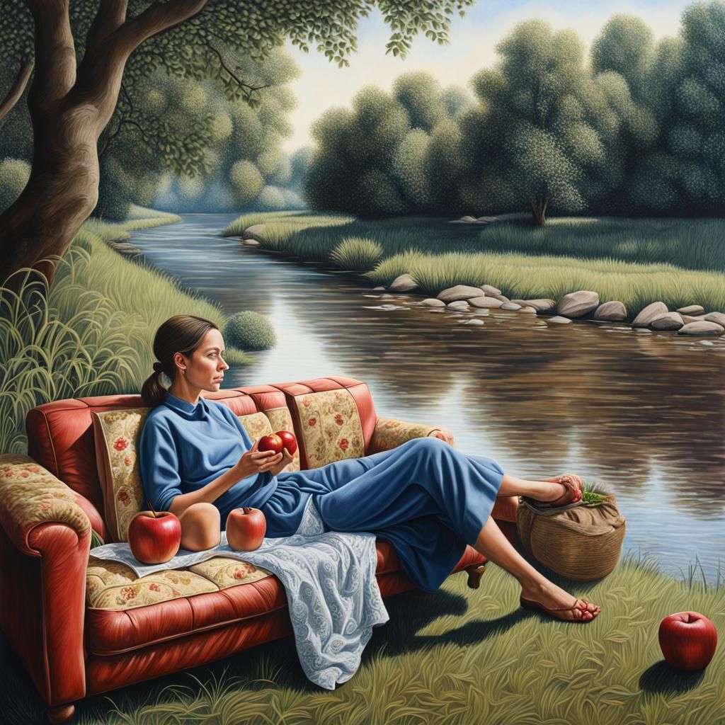 River, couch, apples