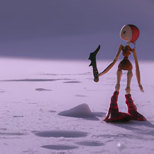 Wooden Doll on Bloody Snow: Detailed Matte Painting
