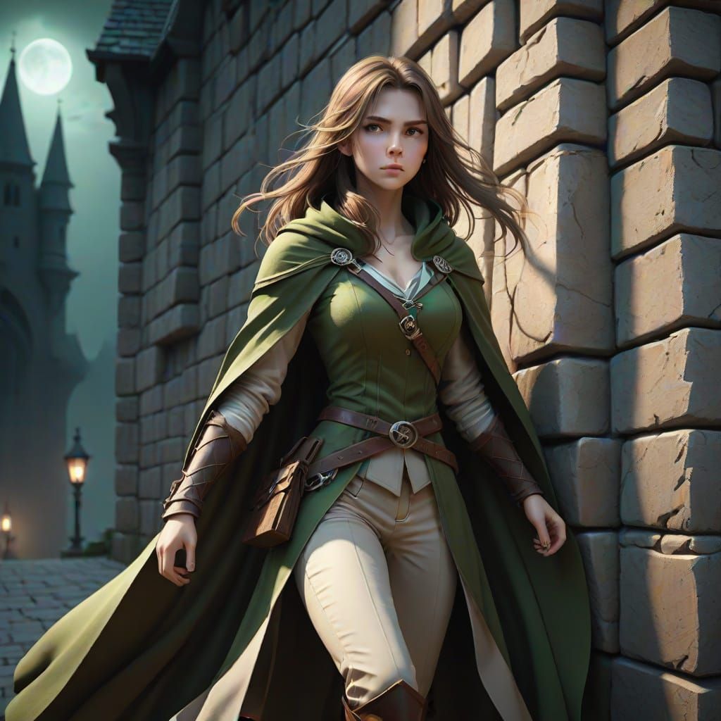 Medieval Fantasy Warrior Woman in Moonlit Climbing Pose