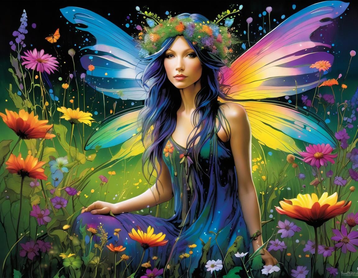 Wildflower Meadow Fairy in Dark Fantasy Style