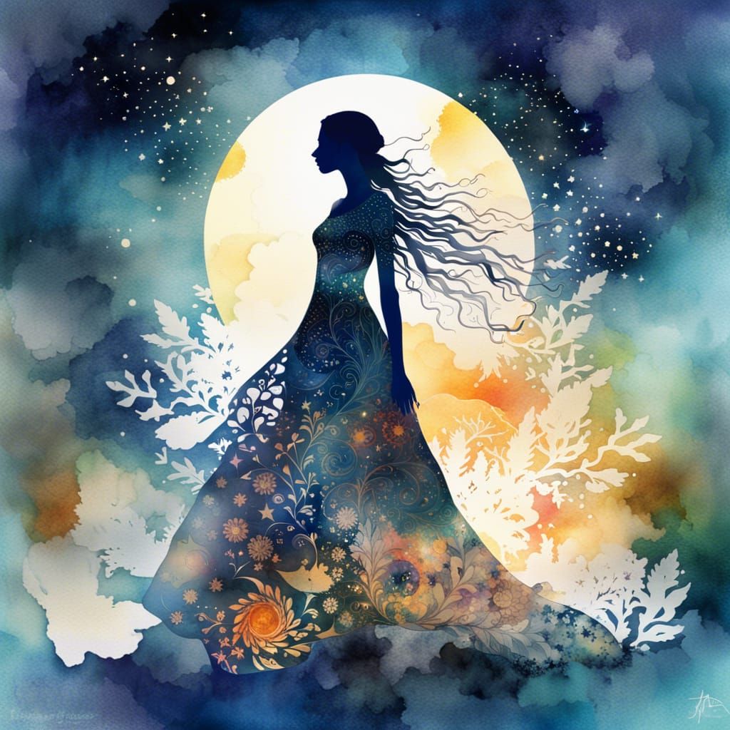 Fantasy Watercolor: Maiden with Sun Dress and Night Sky