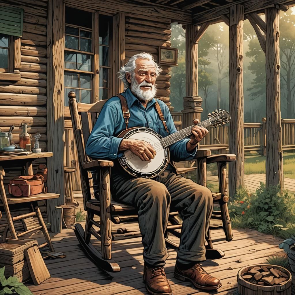 Log Cabin Porch Banjo Player in Comic Book Art
