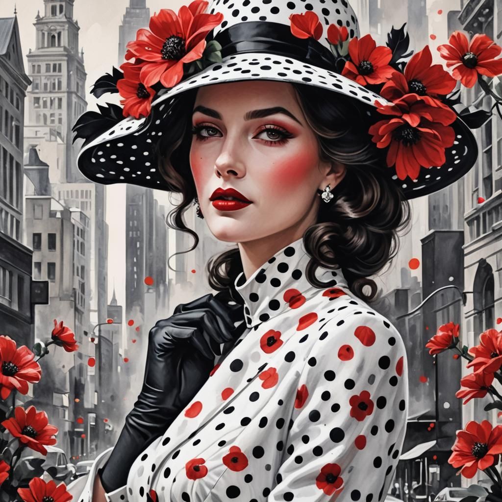 Chic Woman in Polka Dots and Red Flowers