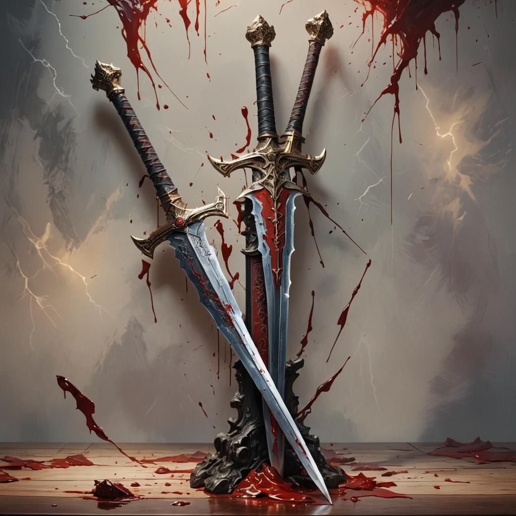 Blood and Lightning Longswords: Hyperrealistic Concept Art
