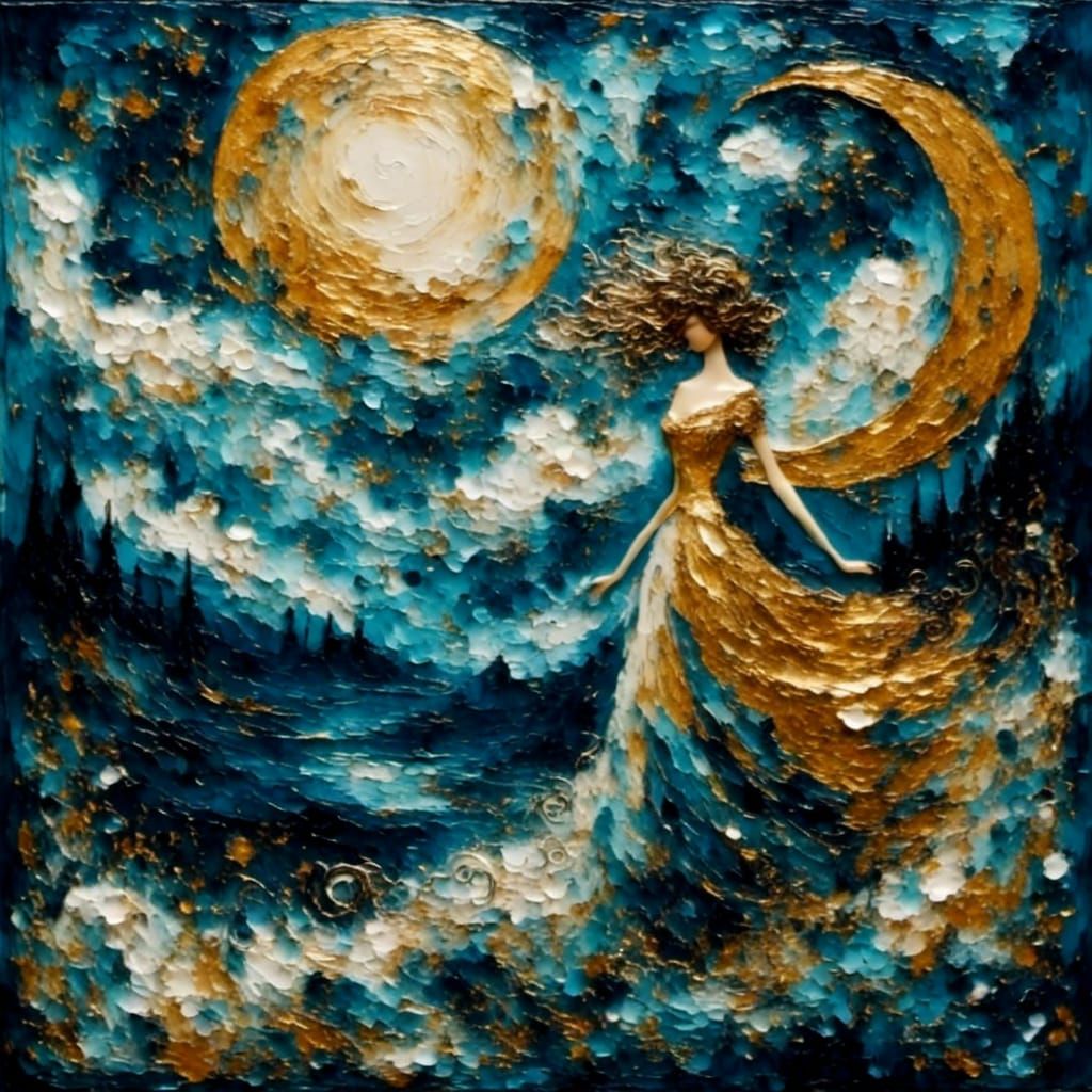 Woman in Swirling Landscape as Dark Impasto Art