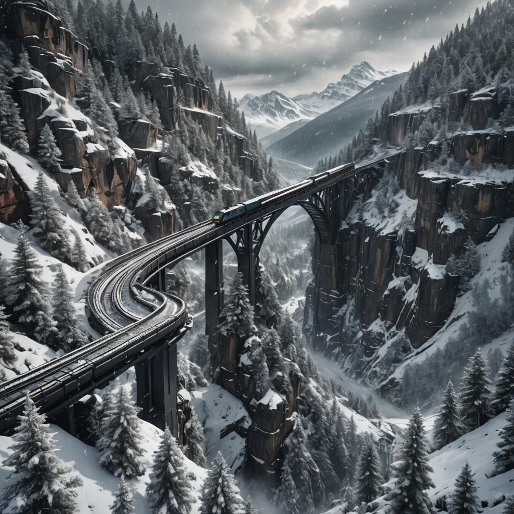 Futuristic Train Speeds Through a Snowy Mountain Landscape